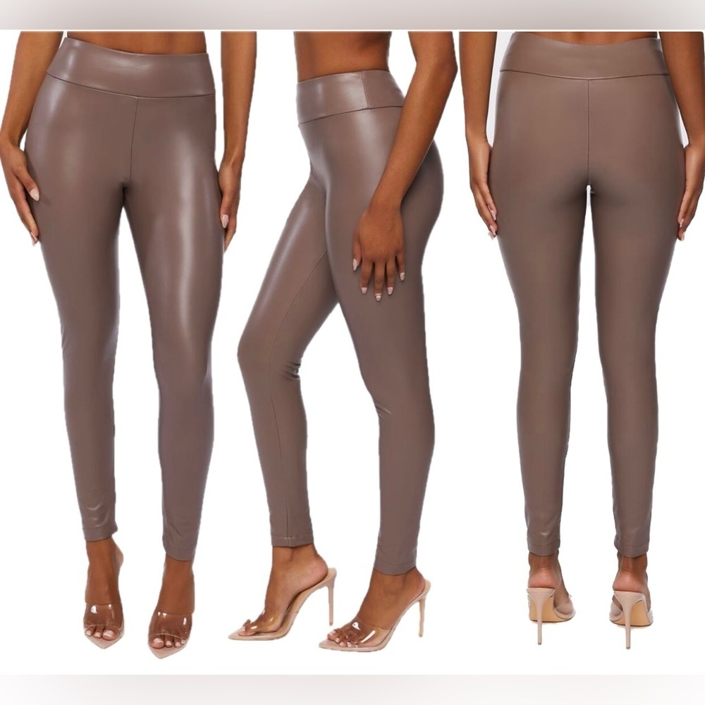 FOREVER 21 Women's Taupe Faux Leather High-Rise Leggings pleather vegan Sz M